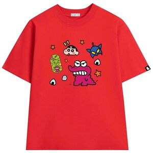 Red Graphic T-Shirt with Playful Cartoon Print the Crayon Shin-chan